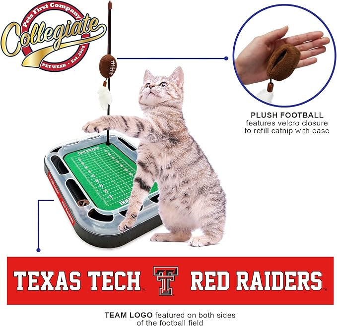 Pets First Cat Scratcher Toy + Interactive Ball Bell in Tracks - 5-in-1 Toy: Wand Poll + Catnip Filled Plush Football & Feathers