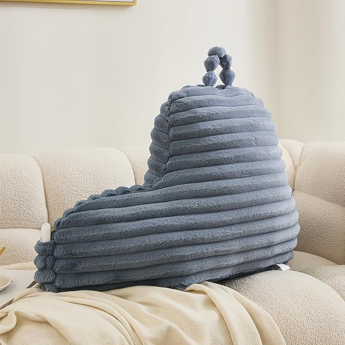 WERDIM Reading Pillow for Sitting in Bed, Faux Fur Back Pillow for Bed Rest, Bed Chair Pillow with Arms and Pockets(Standard, Dusty Blue)