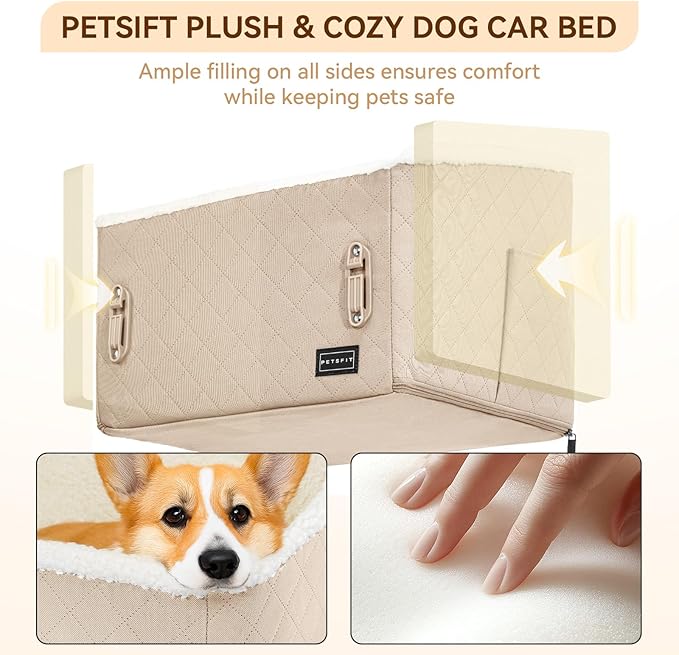 PETSFIT Small Dog Booster Car Seat, Soft Foam Puppy Carseat with Patented Safety Buckles, Storage Pockets and Detachable Clip-On Safety Leash, Dog Car Booster Seat for Medium Pet Under 30 LBS (Khaki)