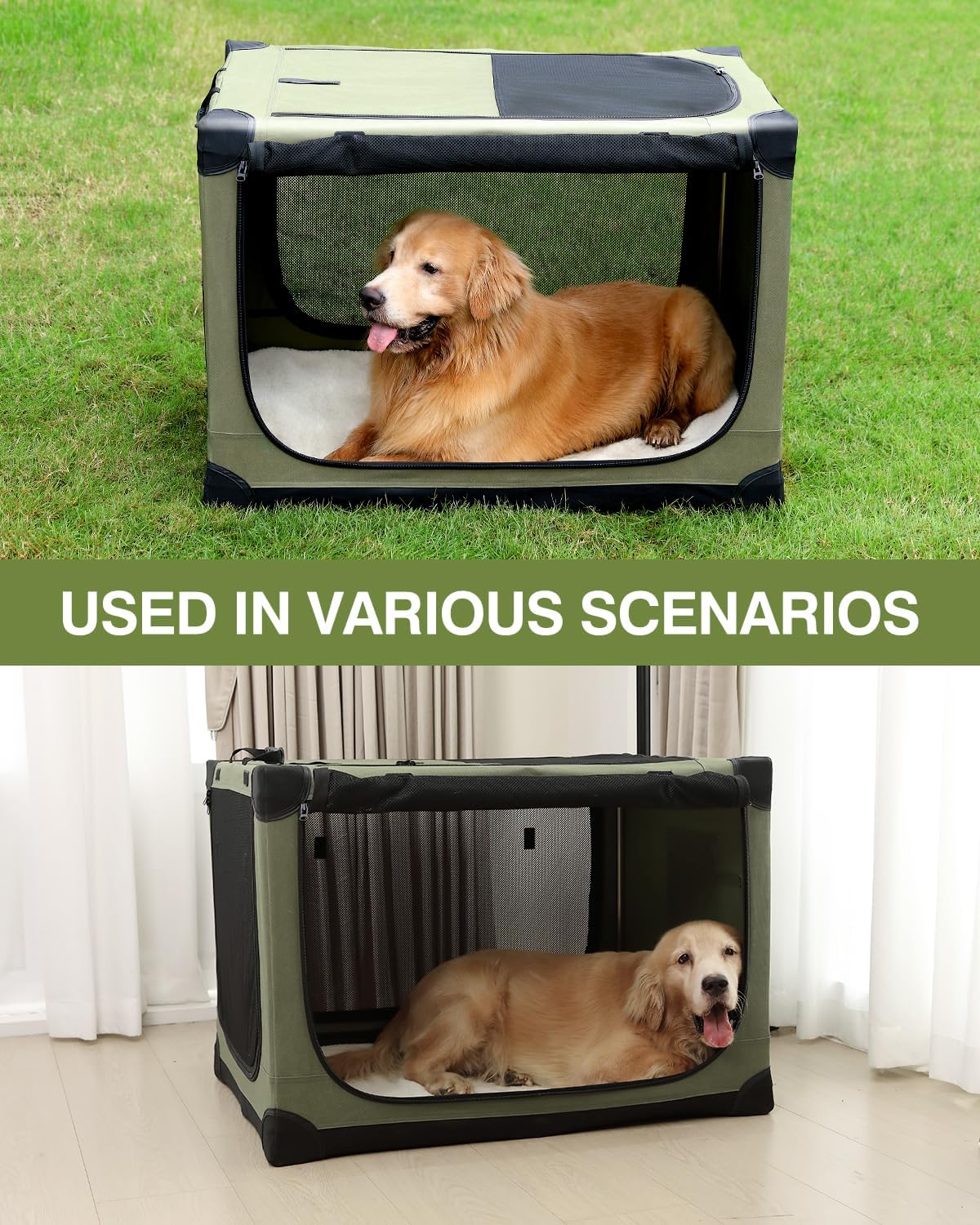 30-Inch Collapsible Travel Dog Crate, Portable 4-Door Soft Kennel for Medium to Large Dogs, Durable Mesh Windows, Indoor/Outdoor Use, Foldable, with Storage Bag (Green)