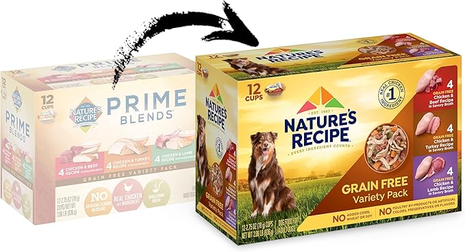 Nature's Recipe Grain Free Wet Dog Food Variety Pack, Chicken & Beef Recipe, Chicken & Turkey Recipe and Chicken & Lamb Recipe in Savory Broth, 12-2.75 oz. Cups, 2 Count