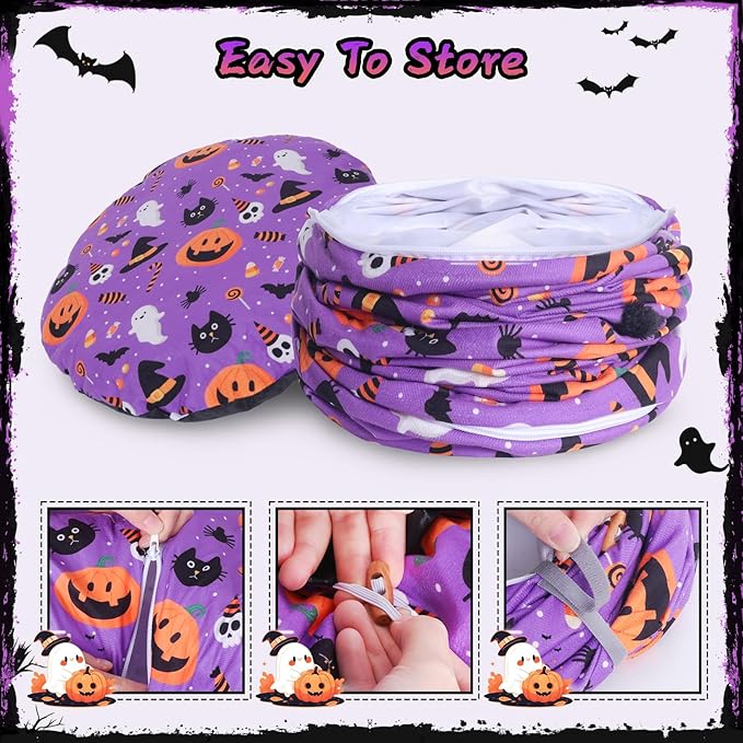 Tidjani Halloween Cat Tunnel, Cat Tunnels for Indoor Cats, Foldable Pet Donut Bed with Washable Mat and Dangling Balls, Pumpkins Spider Candy Pattern Decor, Pet Halloween Toys Gifts