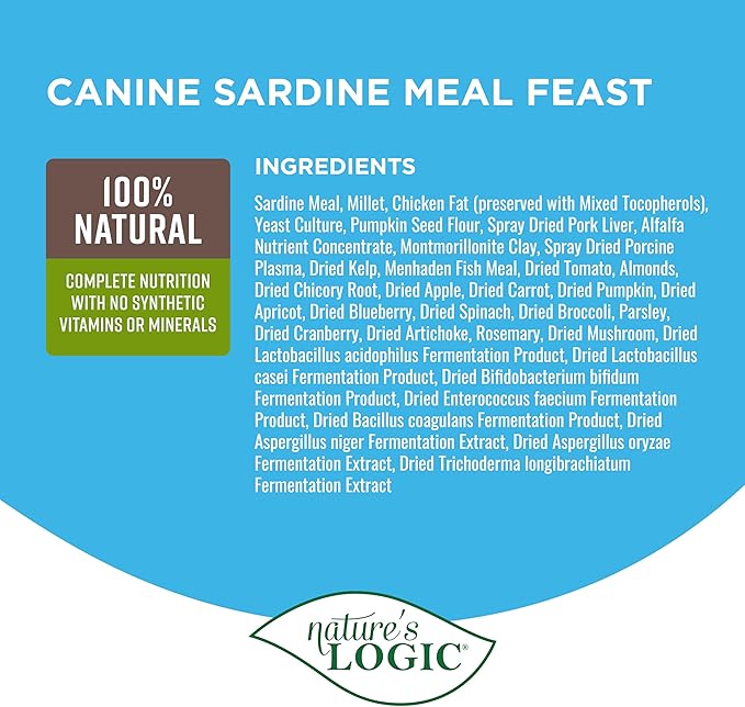 NATURE'S LOGIC Dry Dog Food - 100% Natural - No Synthetics - for All Ages, Sizes, Breeds - Free from Common Allergens, High Protein - Sardine Meal Feast, 13lbs