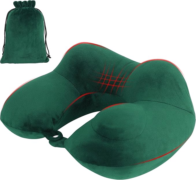 Inflatable Travel Pillow, Comfortable & Supportive Neck Pillow for Traveling, Pain Relief Sleeping Neck Pillows for Airplanes/Cars/Buses/Trains/Office Napping (Green)