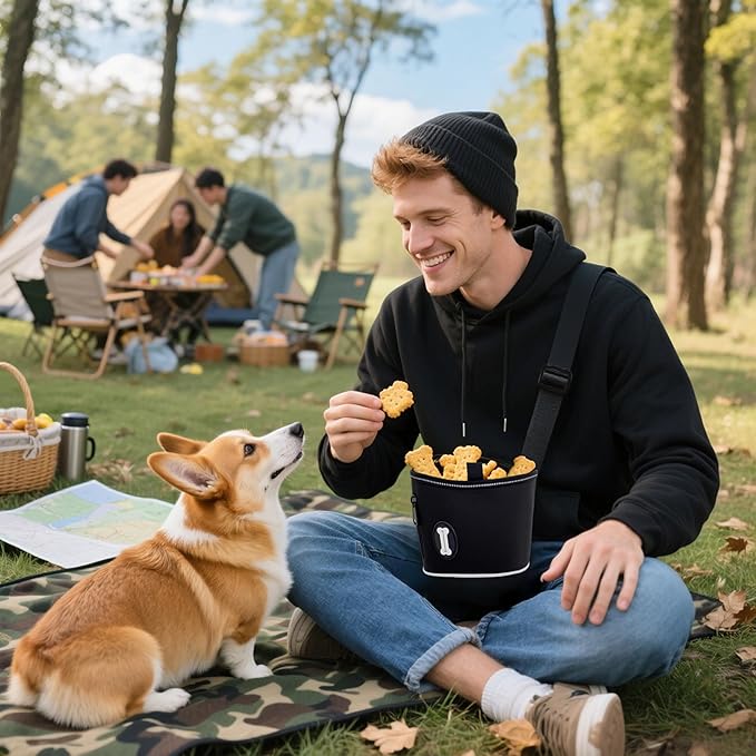 Dog Treat Pouch with Magnetic Closure, 3 Wear Ways, Side Zipper for Poop Bag Dispenser, Large Treat Bag with Reflective Strip for Training, Travel and Night Walking (1Pack-Black)