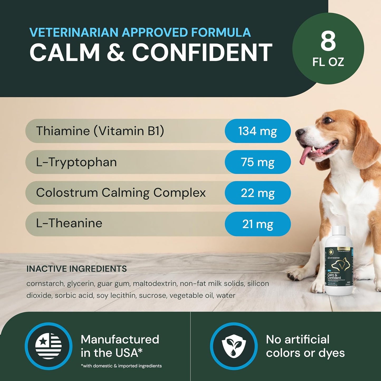 VetriScience Veterinary Strength Calm & Confident Liquid - Liquid Calming Supplement for Dogs & Cats - Pet Relaxation Formula - Clinical Strength - Easy to Administer - Unflavored - 8 oz