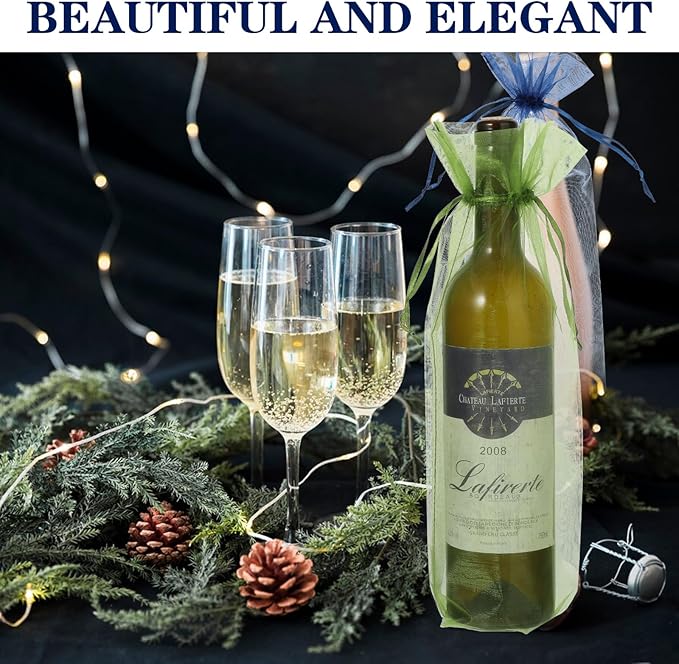 60 Pcs Sheer Organza Wine Bags 14.6 x 5.5 Wine Gift Pouches Sheer Mesh Wine Gift Pouches Reusable Bottle Wrap Bottle Covers Drawstring Gift Wrap Bags Dresses for Wedding Christmas Baby Shower