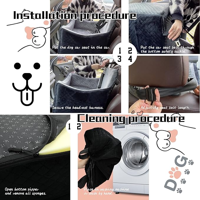 Dog Car Seat for Small Medium Dogs-Safety and Comfy Pet Booster Carseats with 2 Clip-On Satebelt & Storage Pockets,Washable and Detachable Puppy Car Seat for Dogs up to 30 lbs.(H-Black/Grey)