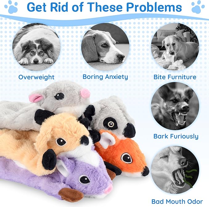 5-Pack Partially Stuffed Dog Toys - Squeaky, Crinkle & Belly Treat Hiding Pocket, Lightly Filled Head & Unstuffed Body, Tough Plush for Large/Medium Aggressive Chewers to Keep Them Busy