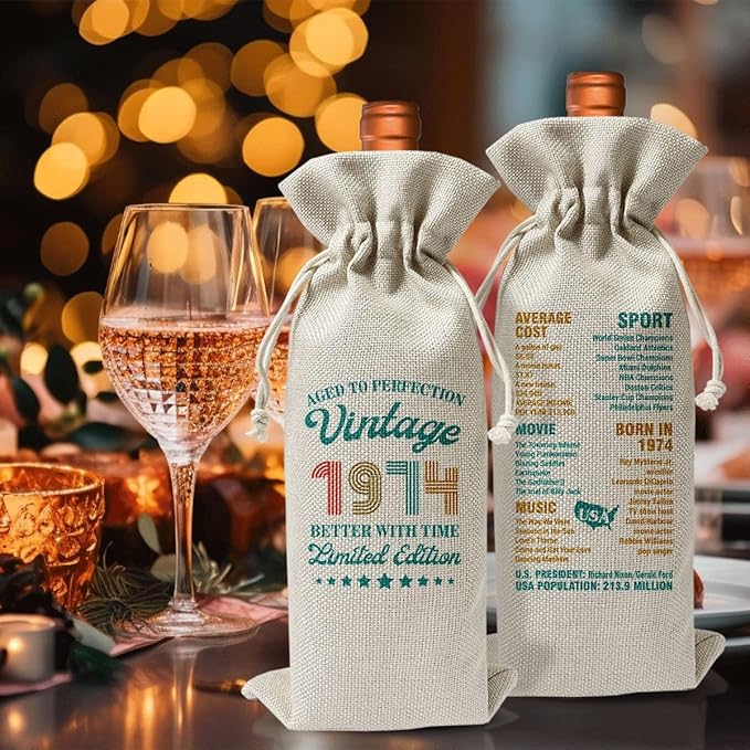 50th Birthday Wine Gift Bag For Best Friend Mom Dad Women Men, 50th Birthday Party Decor Favors, 1974 Birthday Idea Gift, 50th Anniversary Wine Bag, Drawstring Burlap Wine Bottle Bag