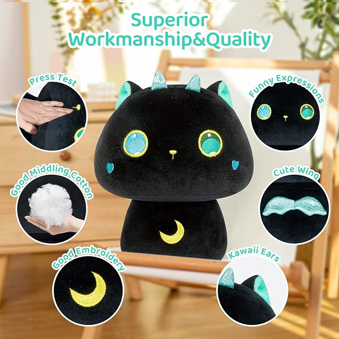 Squishy Cloud-Like Softness, Trending Kawaii Black Cat Mushroom Plush Pillow, A Must-Have Collectible for Young Adults, Perfect for Kids, Toddlers Girls, Stuffed Animal Decor (14")