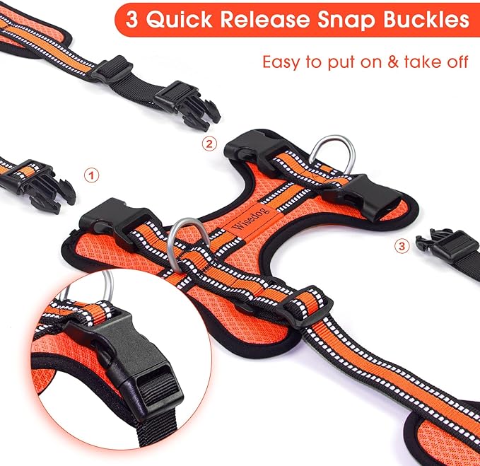 Wisedog Ajustable Mesh Breathable Dog Harness - Reflective Webbing, Lightweight No Pull Harness with 3 Fast-Release Buckles for Dogs Walking, Running and Outdoor Adventures, Orange L