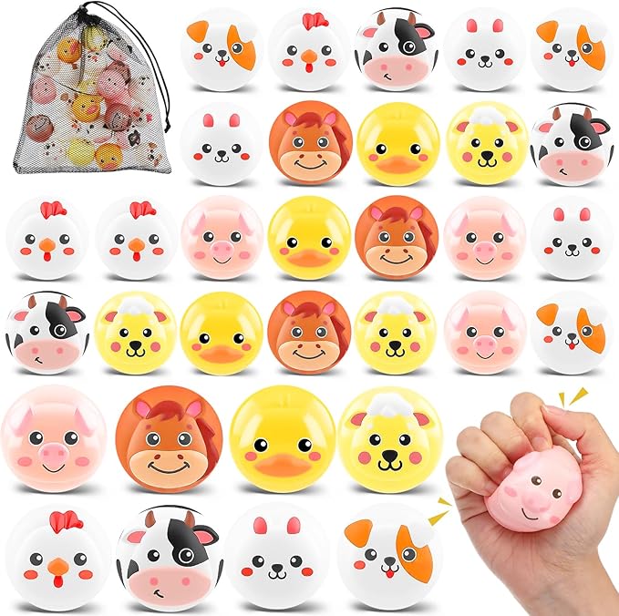 HyDren 24 Pcs Animal Stress Balls Bulk 2'' Cute Farm Animal Party Favors Baby Shower Squeeze Ball Mini Foam Stress Fidget Toys with Bag for Kids Adults Christmas Birthday School Gift, 8 Styles