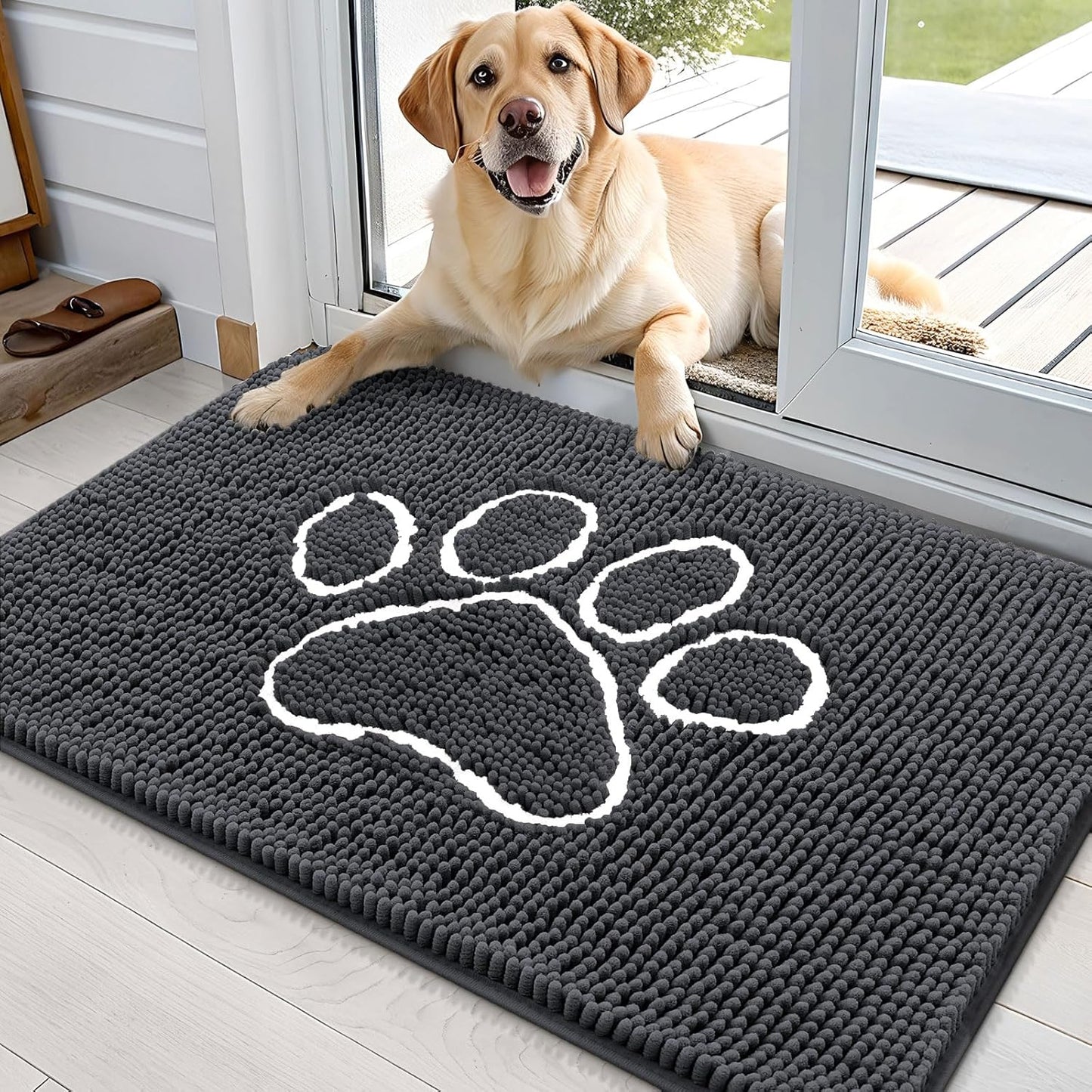 OLANLY Door Mat for Muddy Dog Paws 36x24, Ultra Absorbent Chenille Mud Doormat with Paw Print Design, Non-Slip Washable Doormat for Indoor Entryway, Quick-Dry Pet Bed Mats for Dirty Dogs, Dark Grey