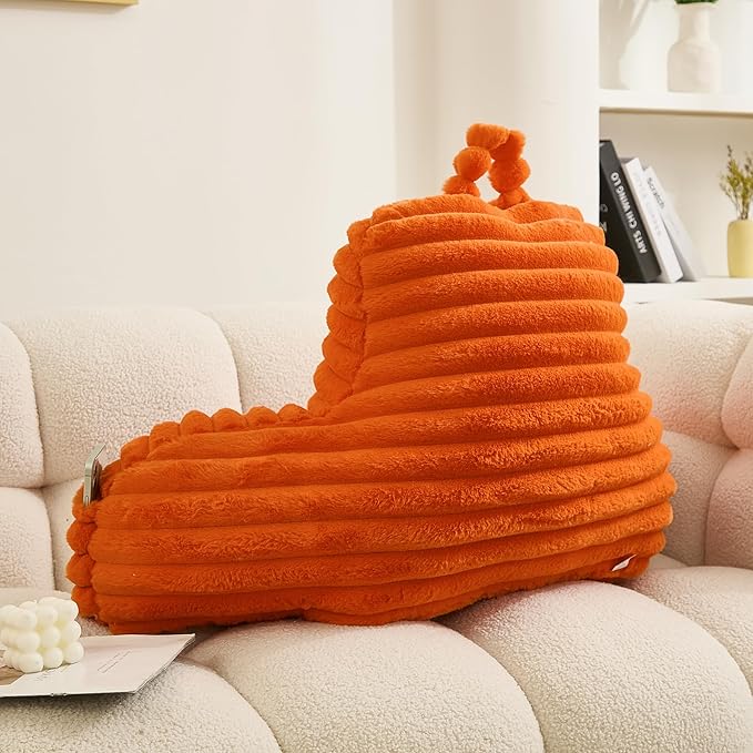 WERDIM Reading Pillow for Sitting in Bed, Faux Fur Back Pillow for Bed Rest, Bed Chair Pillow with Arms and Pockets(Large, Orange)