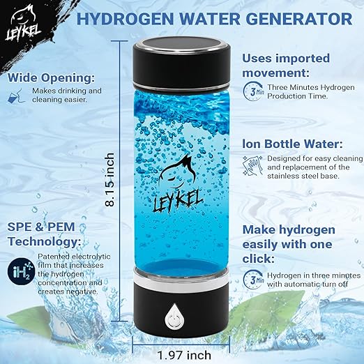 Hydrogen Water Bottle 2024, Leykel Brand, Portable Hydrogen Water Bottle Generator, Water ionizer, Improves Water in 3 Minutes, for Travel, Office, Home, Exercise, Daily Drinking, Health and Gift.