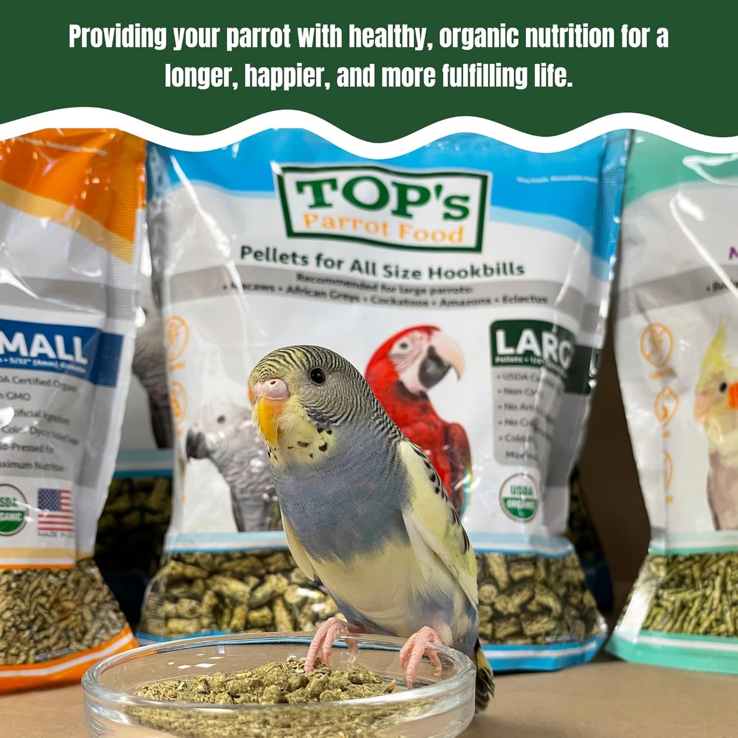 TOP's Parrot Food Pellets Hookbills, Small, Medium, Large Birds - Non-GMO, Peanut Soy & Corn Free, USDA Organic Certified - 1 lb / 453 g