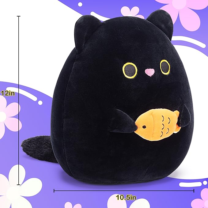 Original 12-inch Large Black Cat Plush Pillow Stuffed Animal Toy,Big Size Cute Soft Fat Hugging Cuddle Huggable Plushie,Gift for Kids