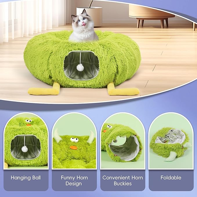 Cat Tunnel Bed for Indoor Cats - Cute Cat Donut Tunnel with Washable Circle Cushion - Multi-Purpose Cat Bed & Peekabo Cave, Pet Playground Toys for Kittens, Puppy, Rabbit (Green)