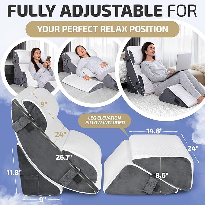 6 pcs Orthopedic Bed Wedge Pillow Set w/Leg Elevation Pillow - Perfect Adjustable Memory Foam Pillows for After Surgery Recovery, Back Support, Pain Relief, Acid Reflux, Sleeping & GERD