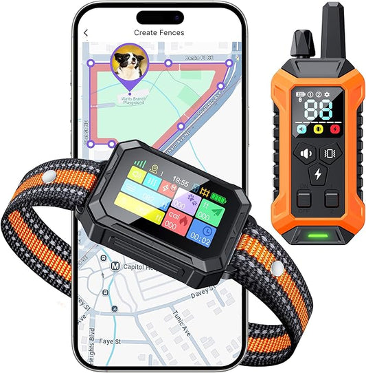 Meowant GPS Wireless Dog Fence System Collar with Training Remote, Free App, Custom GPS Fence(82-7000ft), Beep/Vibration/Correction, Early Alert Band, Waterproof LCD Collar, Dogs 10+Lbs, Outdoor