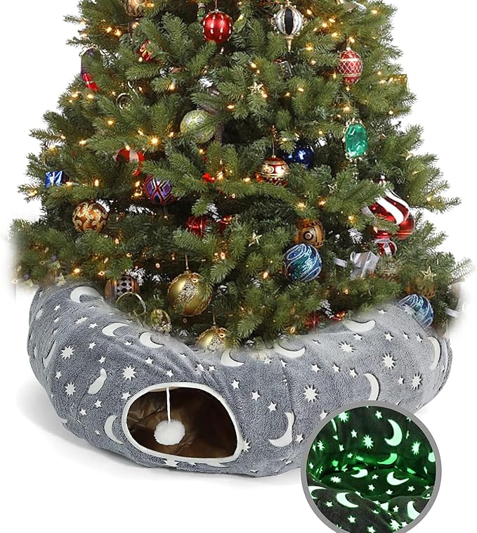 LUCKITTY Cat Tunnel Bed Under Christmas Tree with Plush Ball Toy Playground Crinkle Collapsible Self-Luminous Flannel Fabric 3FT for Large Cats Kittens Kitty Small Animals Puppy Grey Moon Star