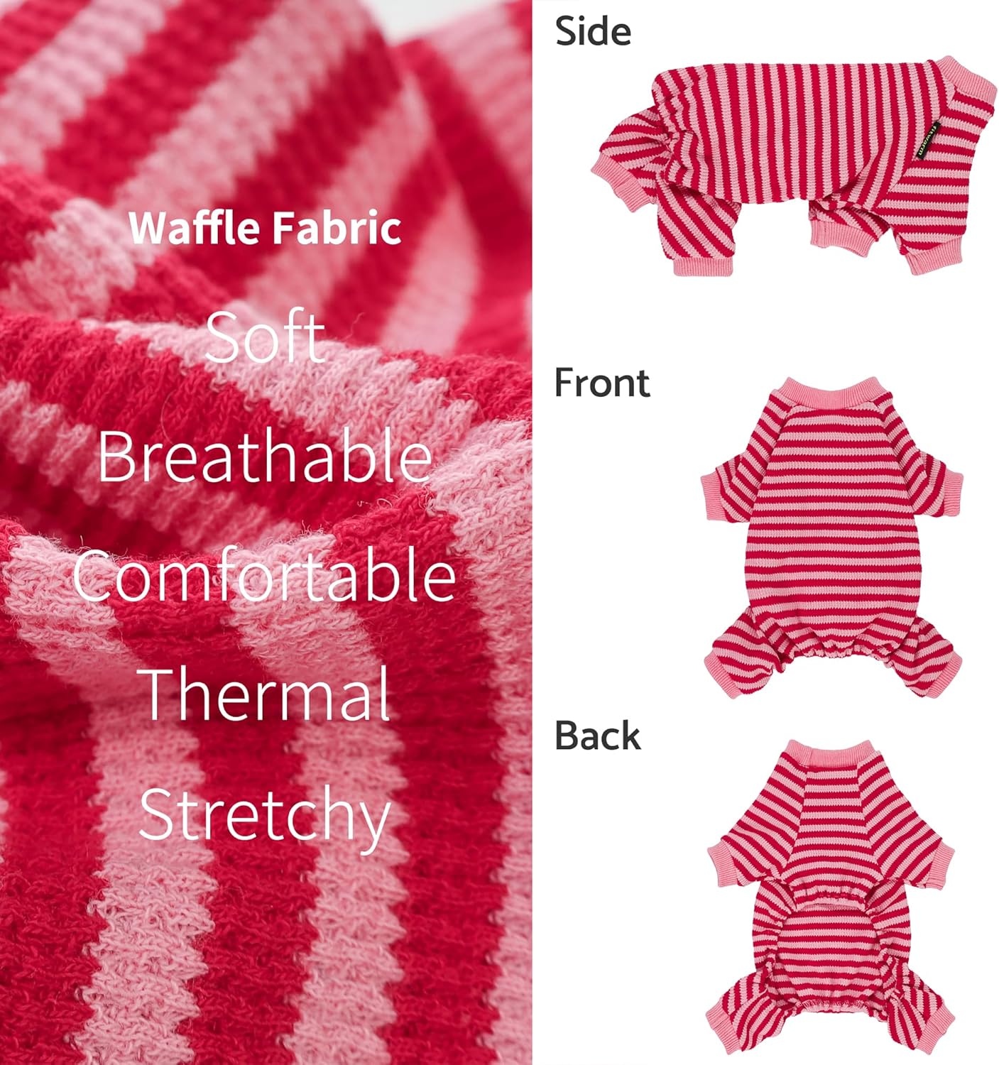 Fitwarm Pink and Red Striped Dog Pajamas, Waffle Dog Clothes for Small Dogs Girl Boy, Puppy Onesie with Feet, Pet Cat Outfit, Medium