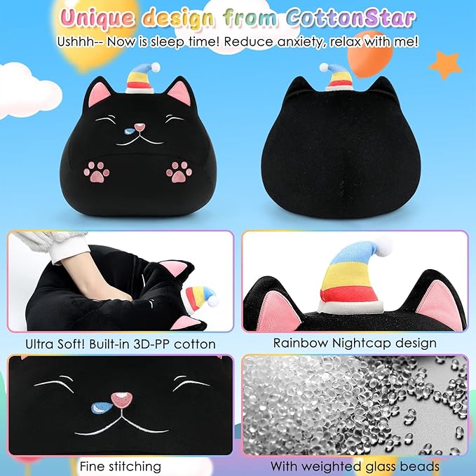 Weighted Cat Stuffed Animal, 13 Inch Drowsy Black Cat Cute Plushie Toy, 2lbs Kitten Plush Toys Soft Stuffed Animal Pillow, Gift for Kids, Teens, and Adults