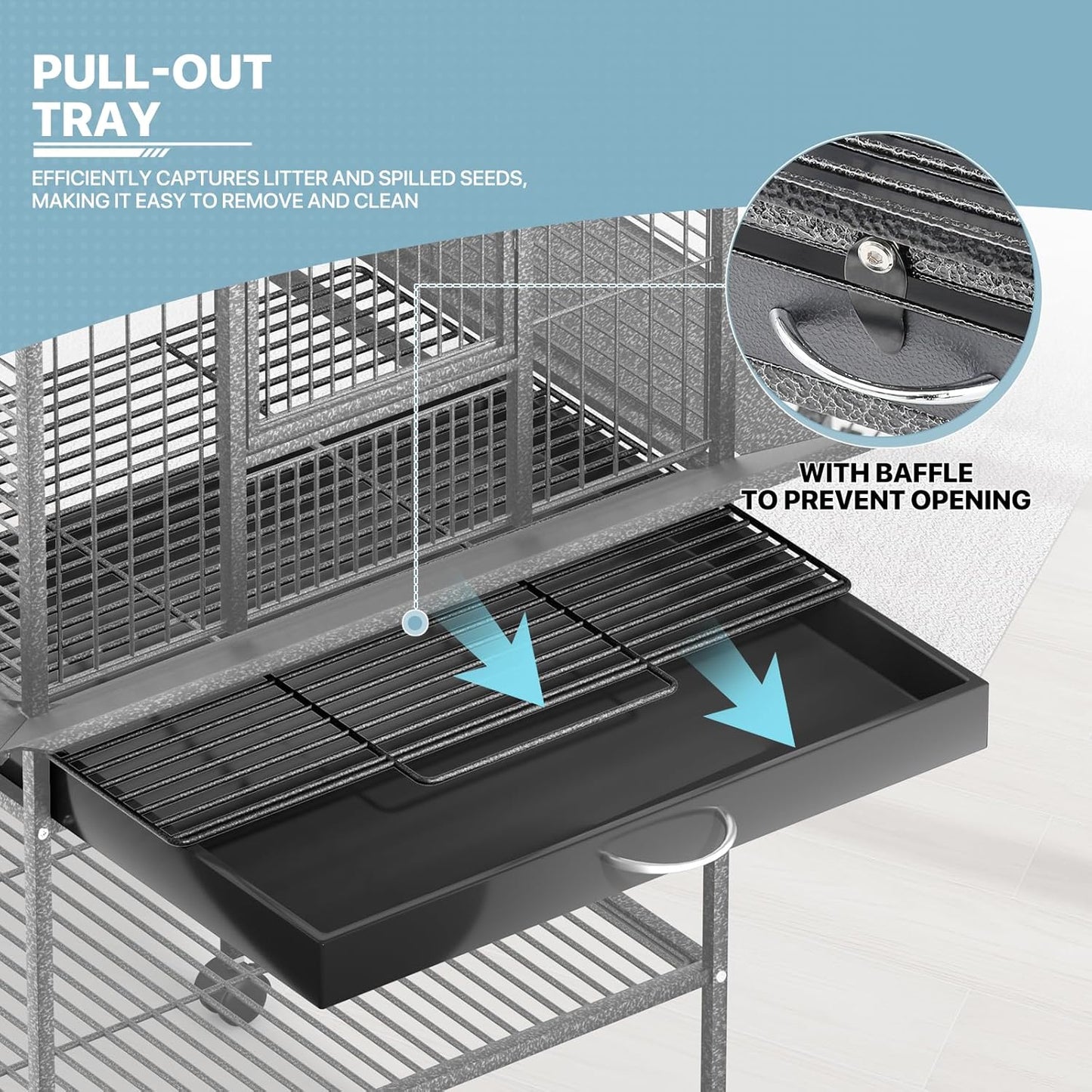 MoNiBloom 61 Inch Large Bird Cage with Rolling Stand, Wrought Steel Flight Birdcage w/Play Top for Parakeets Cockatiels Lovebird Budgie, Black