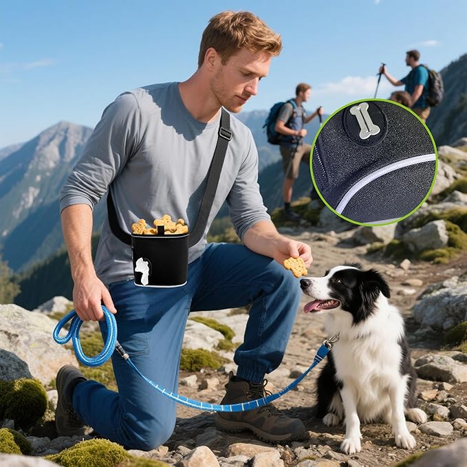 Dog Treat Pouch with Magnetic Closure, 3 Wear Ways, Side Zipper for Poop Bag Dispenser, Large Treat Bag with Reflective Strip for Training, Travel and Night Walking (1Pack-Black)