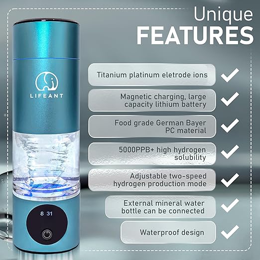 Hydrogen Water Bottle Generator–5000PPB Hydrogen Water Machine–Hydrogen Bottle Water with Adjustable Speed – Food-Grade Water Ionizer–Blue Pro
