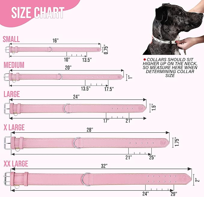 Riparo Genuine Leather Pink Dog Collar Heavy Duty K-9 Adjustable Dog Collar (M: 1” Wide for 13.5”-17.5” Neck, Pink)