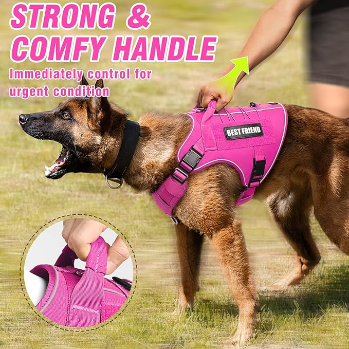Tactical Dog Harness for Large Dogs,No Pull Military Dog Vest with Handle,Reflective Heavy Duty Pet Harness for K9 Working Walking Hiking Training Pink XL