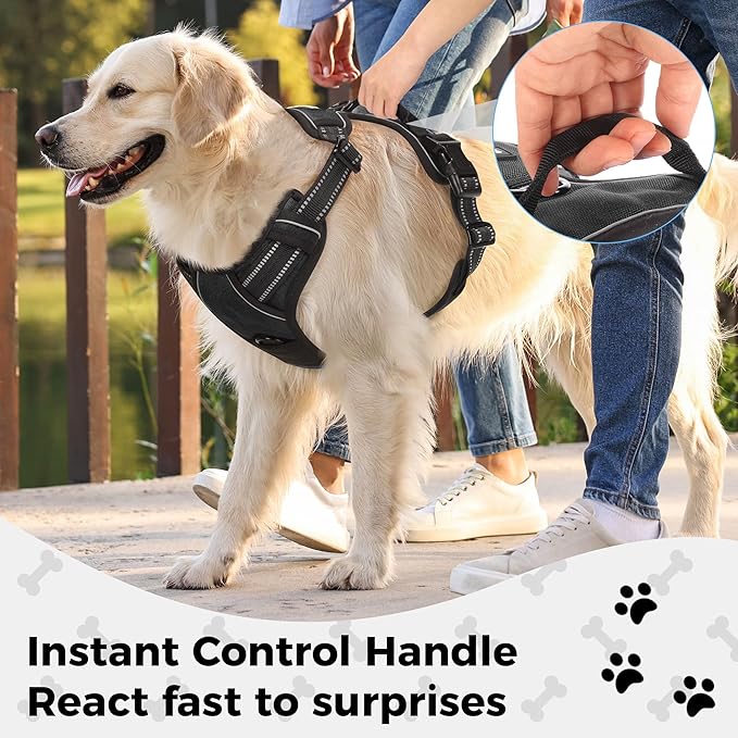 Funfox Dog Harness No Pull, Adjustable Pet Vest Harness Black L with Handle, 2 Leash Clips for Daily Walking Easy Control, Soft Durable Reflective Comfortable for Large Breed Dogs