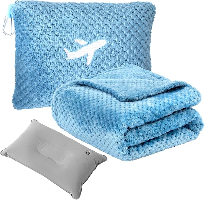 3 in 1 Travel Pillow and Blanket Set - 280 GSM Travel Blanket Airplane Compact with Bag, Inflatable Travel Pillow, Packable Airplane Blanket, Luggage Sleeve & Backpack Clip (Slate Blue)