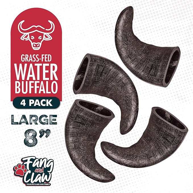 Water Buffalo Horn Dog Chew 4 Pack - Large 8" - All Natural Free Range Grass Fed Single Source Protein - No Chemicals, Additives, Hormones - Long Lasting, Good for Aggressive Chewers – by Fang & Claw