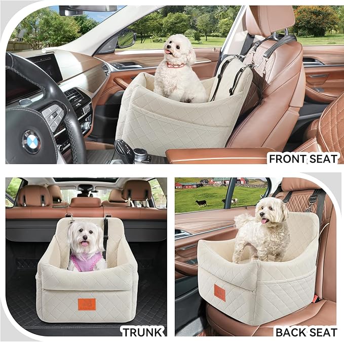 Dog Car Seat for Small/Medium Dogs, Dog Booster Car Seats with Thick Cushion for Dogs Under 35lbs, Detachable Washable Pet Carseat with Storage Pockets, 2 Safety Belts(Beige)