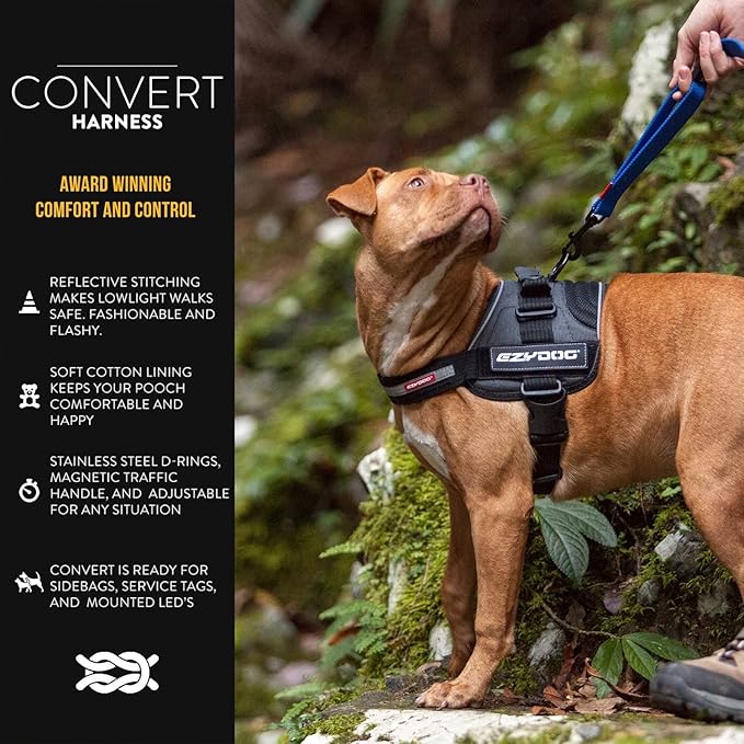 EzyDog Convert Dog Harness – Trail-Ready Rugged Harness for Walking, Hiking & Outdoors with Reflective Piping, Badge Attachment Points, Traffic handle, & Comfort Lining (Large, Charcoal)