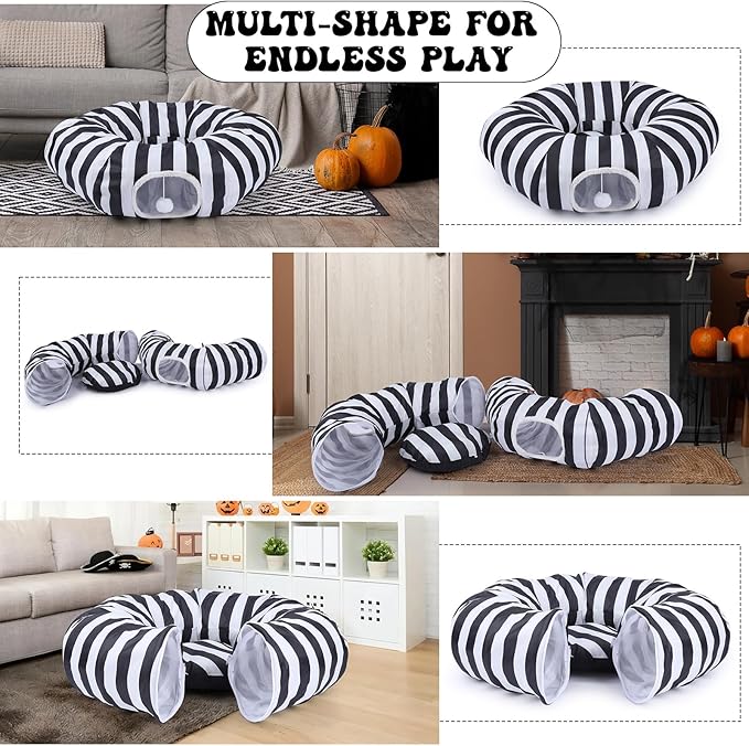 Frienda Cat Tunnel Bed Under Halloween Tree Sandworm Kitten Donut Tunnel with Cushion and Ball Toy Tree Skirt Detachable Black and White Stripes Cat Cave for Kitten, Puppy, Rabbit, Small Animals