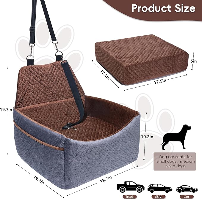 Dog Car Seat for Small Medium Dogs, Soft Fabric Dog Booster Seat with Storage Pockets, Safety Belt, Comfy Pet Car Seat Travel Bed, Removable and Washable