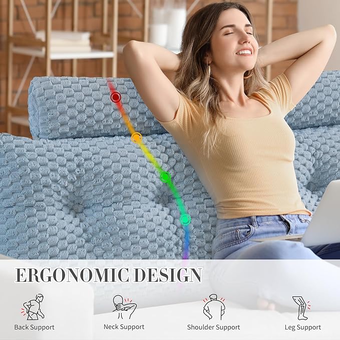 Wedge Headboard Pillow - Bed Wedge Pillow for Headboard Triangular Headboard Pillow with Neck Roll Pillow-Large Bolster Pillow for Sitting in Bed Backrest Positioning Support (Blue,76x8x20 Inches)