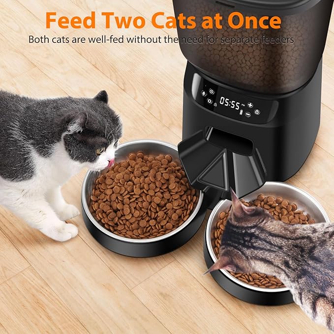 Automatic Cat Feeders for Two Cats, 5L/20 Cups Double Automatic Cat Food Dispenser with 2 Stainless Bowls, Timer Setting 20 Portions 6 Meals Per Day, 10s Meal Call, Pet Feeder for Dog (Black)