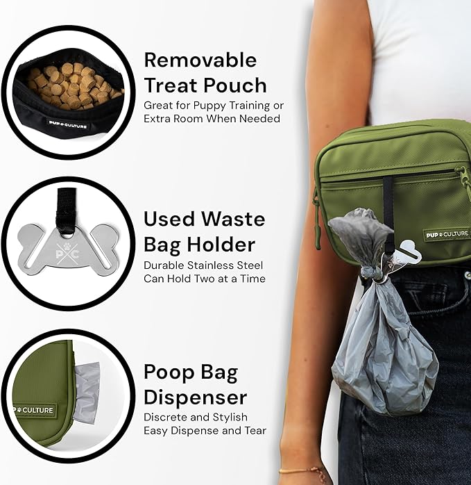 Pup Culture Cross Body Dog Training Treat Pouch | Removable for Anytime Puppy Training | Built-in Poop Bag Dispenser & Used Bag Holder | Stylish Green