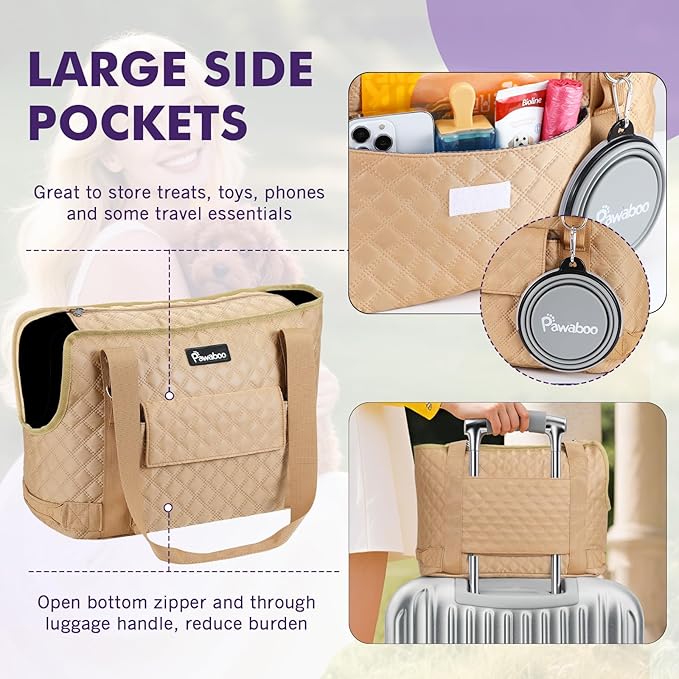 Pawaboo Dog Purse Carrier for Small Dogs with Pocket, Lightweight Dogs and Puppies Tote Bag Carrier, Dog Carriers Soft Sided for Puppy Cat Rabbit, Shopping Travel Puppy Carriers Under 11 LBS, Khaki