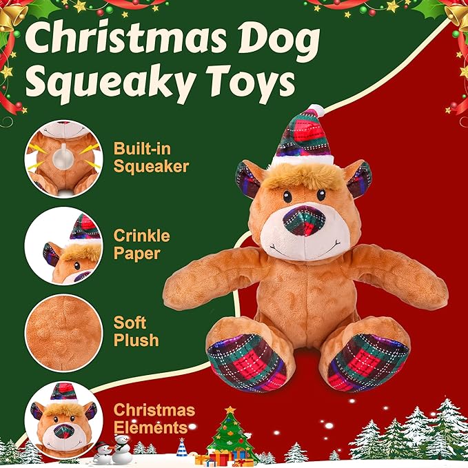 Squeaky Dog Toys, Dog Chew Toys with Crinkle Paper for Puppy, Small, Medium, Large Dogs, Interactive Pet Holiday Toys for Training and Reducing Boredom