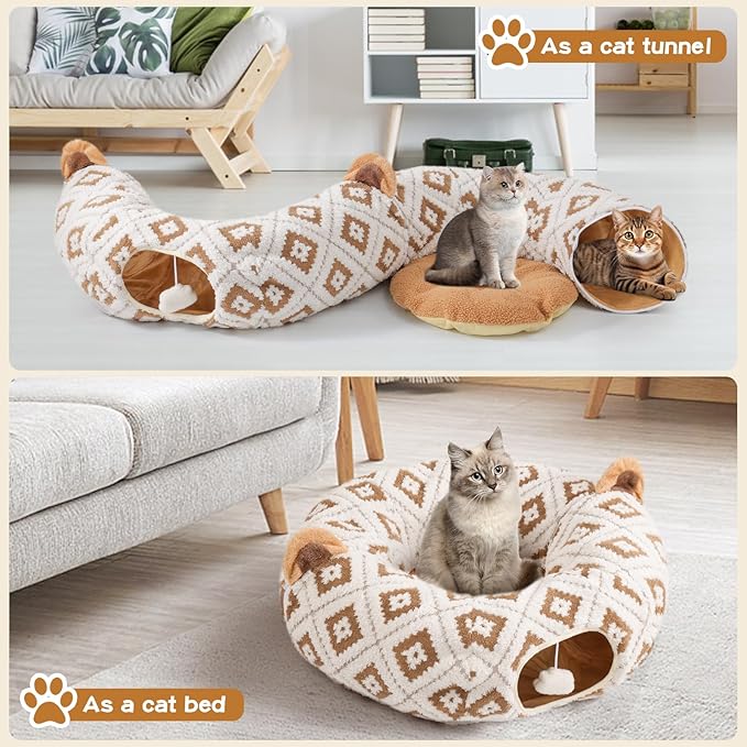 Cat Tunnel Bed for Indoor Cats, Cat Donut Tunnel with Washable Cushion, Peekaboo Cat Cave Toy, Multifunctional Playground Toys for Kittens, Rabbit, Brown Jacquard Pattern