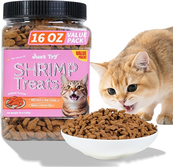 Just Try 16 OZ Shrimp Cat Treats - Grain Free, Crunchy Cat Snacks with Real Shrimp & Krill Oil for Cats, Omega-3 for Skin & Coat, Training Treats