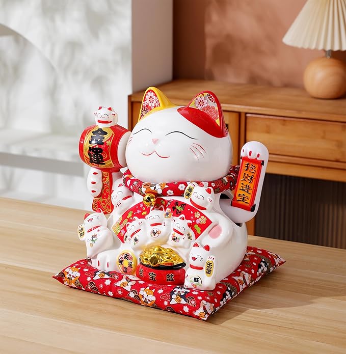 Large Ceramic Maneki Neko Beckoning Lucky Money Cat Waving Arm Good Feng Shui Fortune Happy Smiling Cat Figure 特大招財貓-招財進寶(Good Fortune)