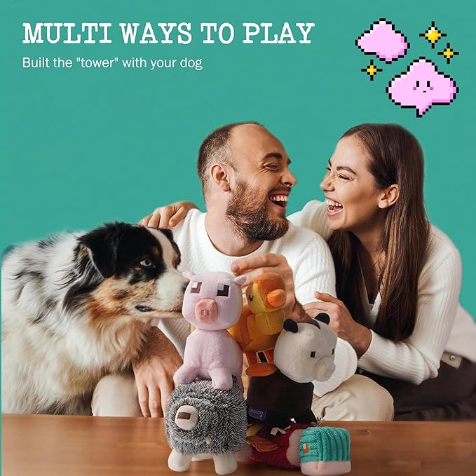 5 PC Small Medium Dog Toys, Cute Soft Squeaky Crinkle Plush Stuffed Durable Plush Dog Chew Toy to Keep Them Busy Cognitive Stimuting Puppy Toys for Boredom, Square Pixel World Style