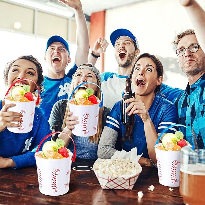 Mifoci Baseball Small Plastic Bucket with Handles 34 oz Versatile Baseball Treat Bucket Baseball Ice Bucket Bulk for Wine Beverage Baseball Party Bar Alcohol Beer Snack Drink Pail Gifts(20 Pcs)